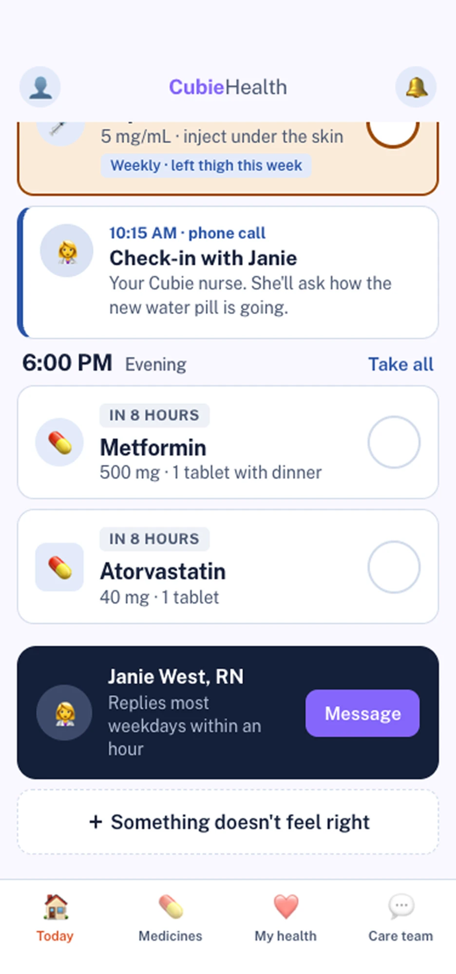 CubieConnect on a phone: today's medicines, a check-in call with the care nurse, and a message button