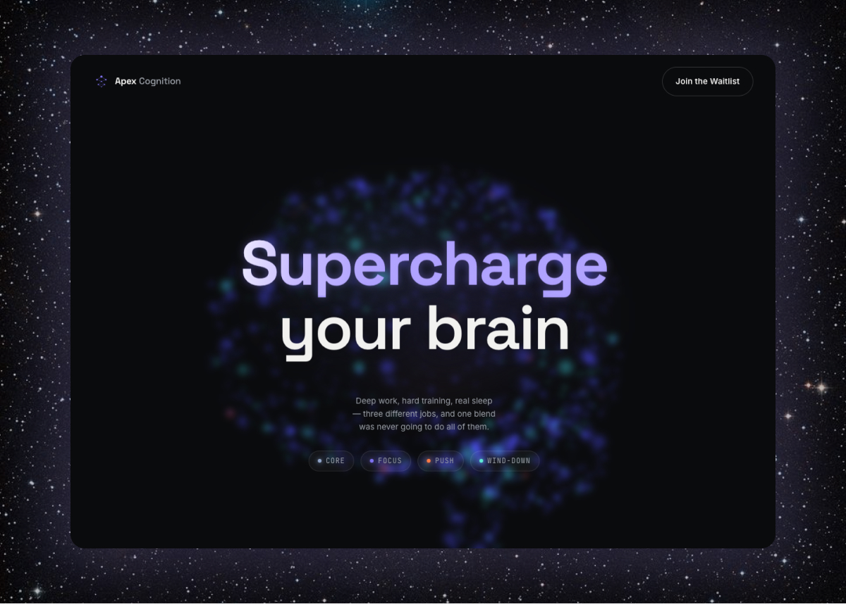 Apex Cognition — Website for a company that sells supplement stacks that supercharge the brain.