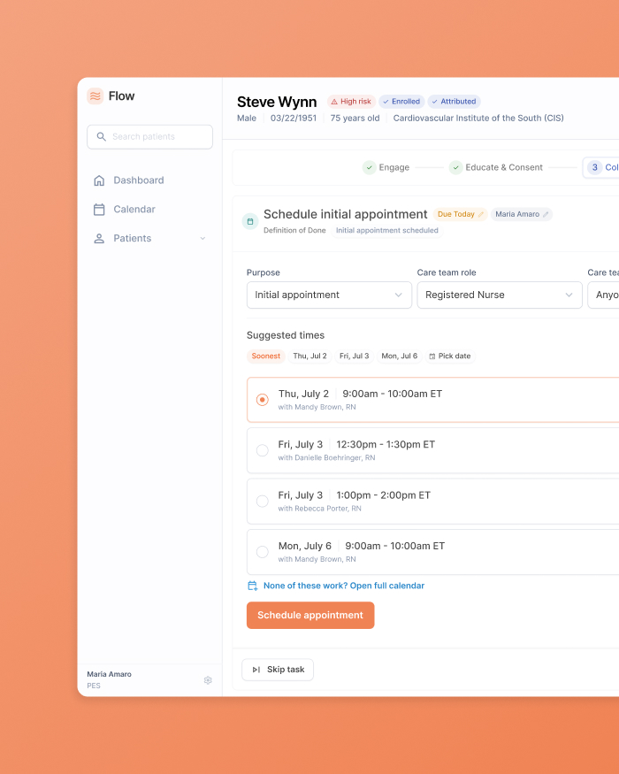 Karoo Flow Care Team Platform — Screen mockup showing an example of a patient appointment being scheduled.