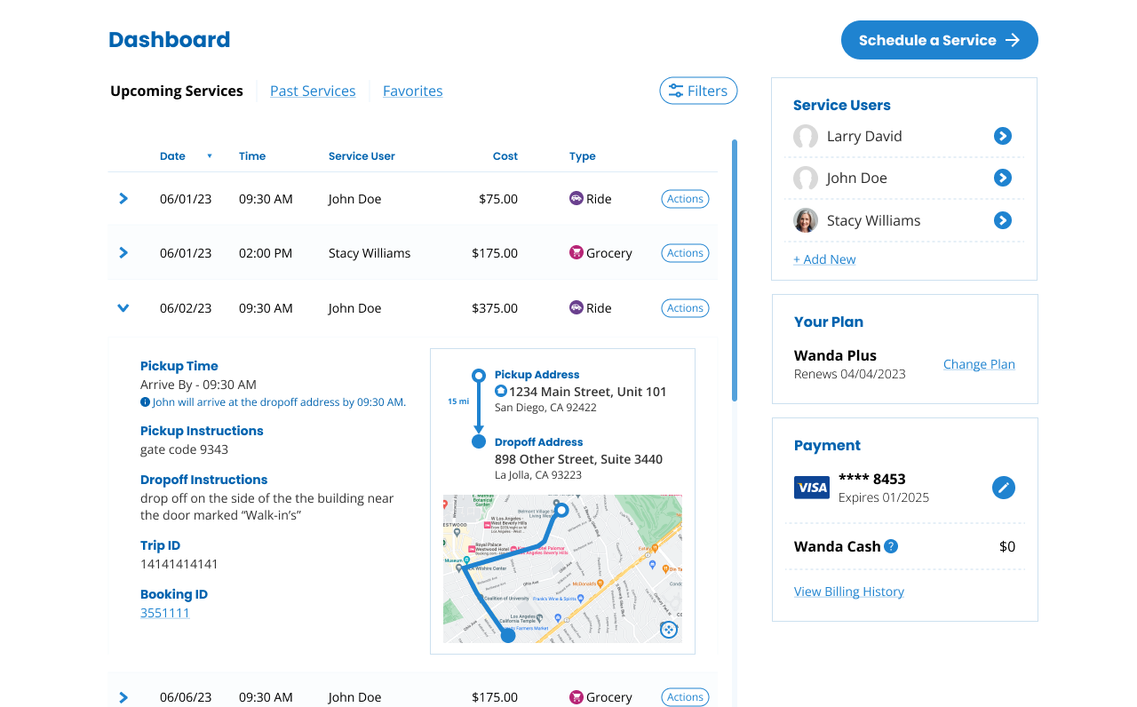Wanda dashboard: upcoming services, with one ride expanded to show its pickup details, route and map