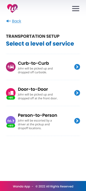 Transportation setup on mobile: choosing curb-to-curb, door-to-door or person-to-person service